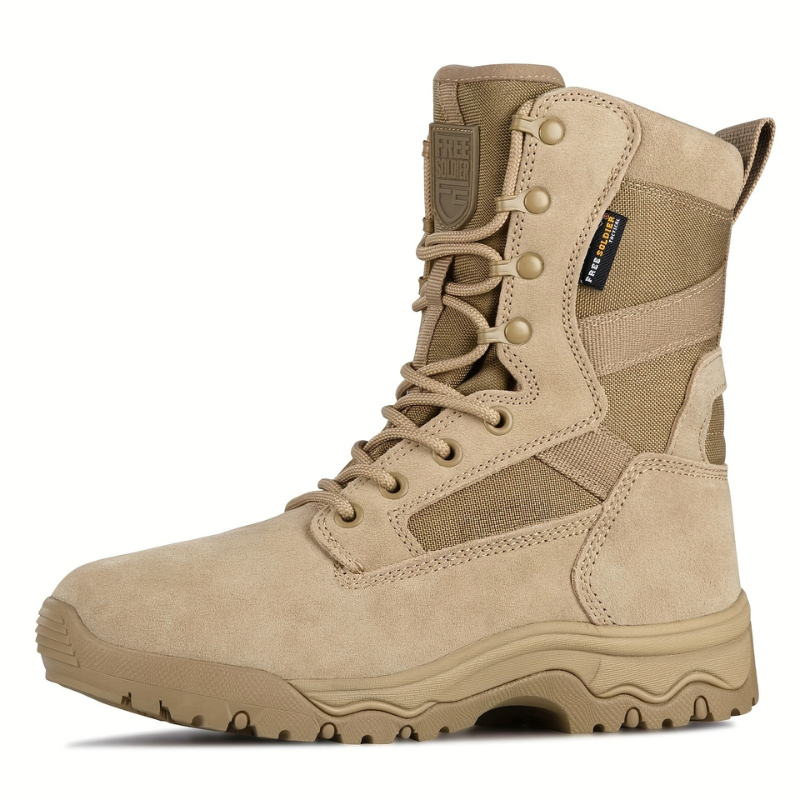 Tan tactical combat boots with durable suede leather and Cordura upper, 8-inch height, reinforced ankle support, non-slip outsole, and waterproof design – ideal for hiking, military, and outdoor work