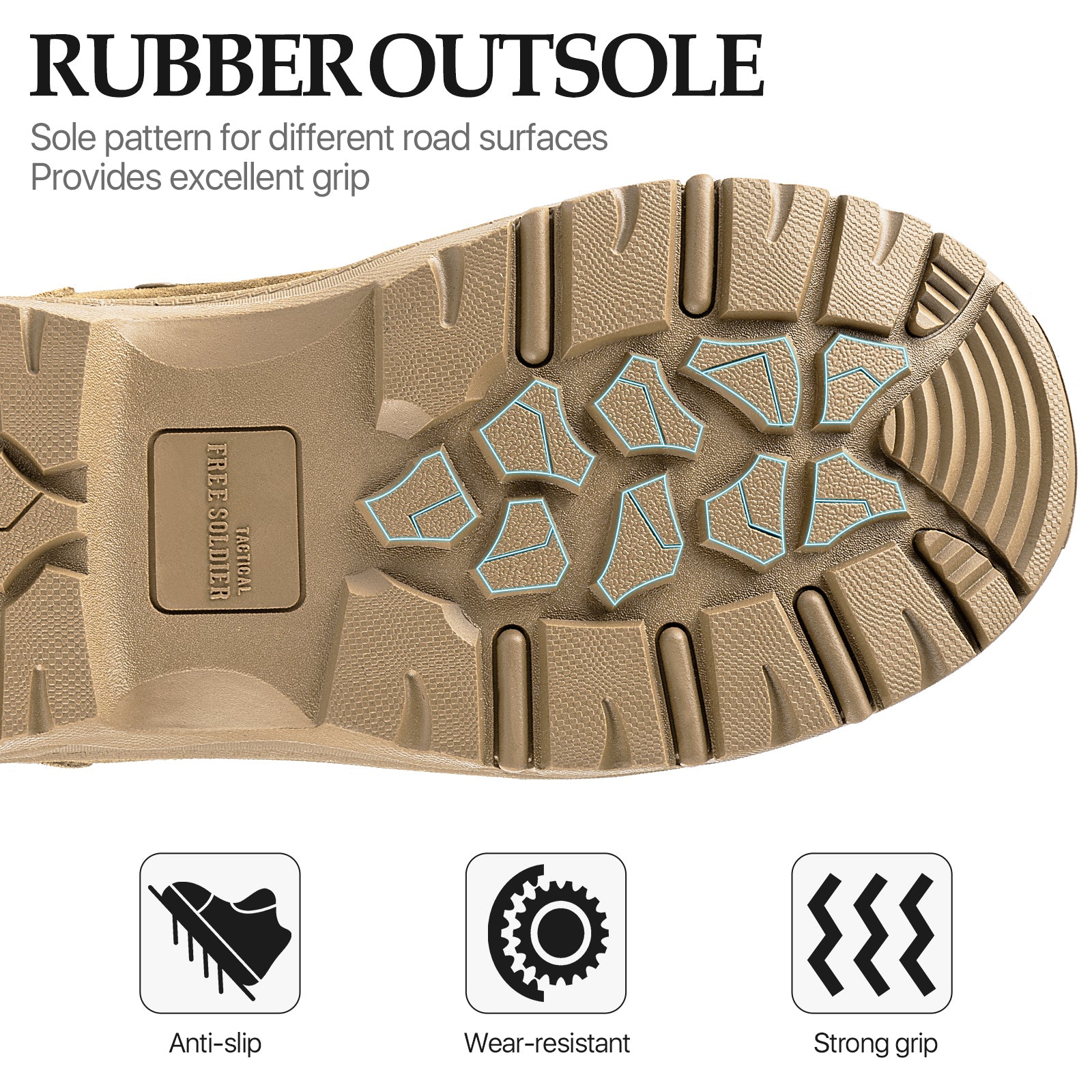 Close-up of men's tactical boots outsole and tread pattern highlighting superior slip-resistant features