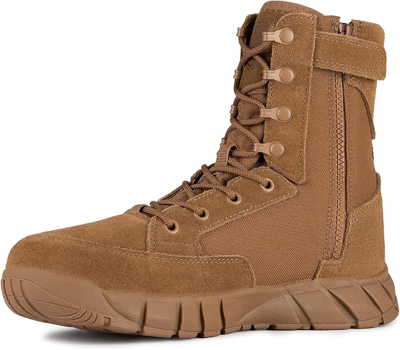 Tactical diagram of tan 8-inch men's tactical boots showcasing overall design features and functional elements