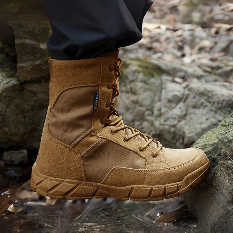 Person wearing 8-inch boots hiking in the mountains, highlighting the boots' suitability for outdoor hiking and mountain activities