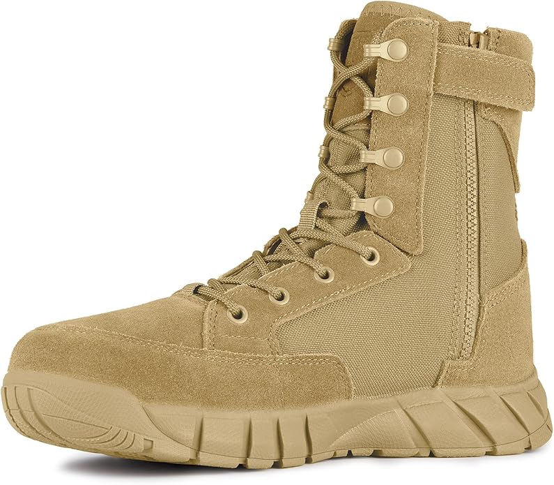 Tactical diagram of tan 8-inch men's tactical boots showcasing overall design features and functional elements