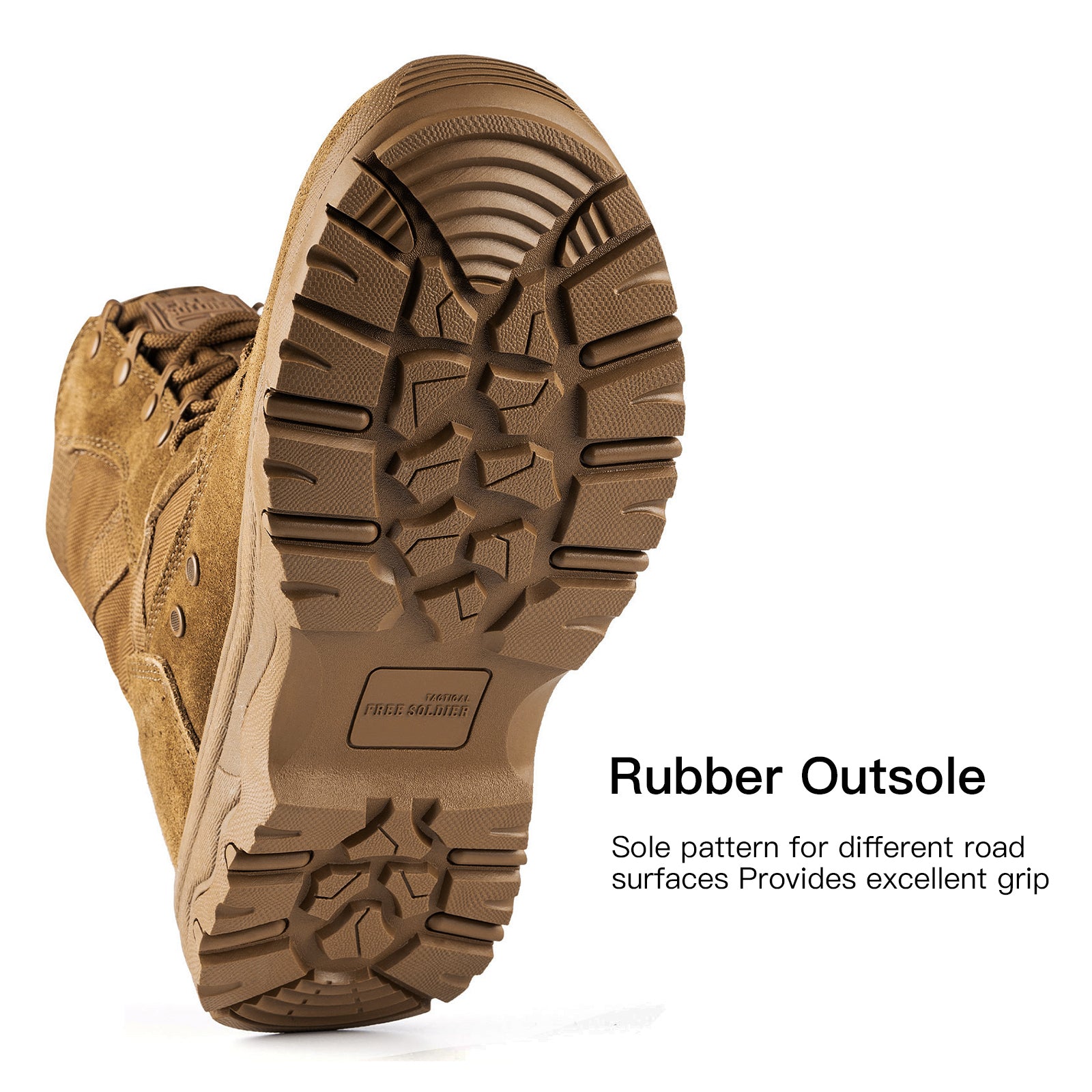 Close-up of men's tactical boots outsole and tread pattern highlighting superior slip-resistant features