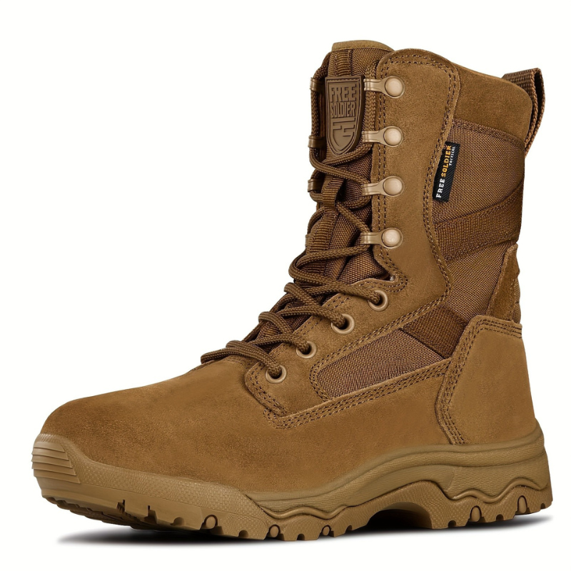 Coyote brown tactical combat boots with durable suede leather and Cordura upper, 8-inch height, reinforced ankle support, non-slip outsole, and waterproof design – ideal for hiking, military, and outdoor work