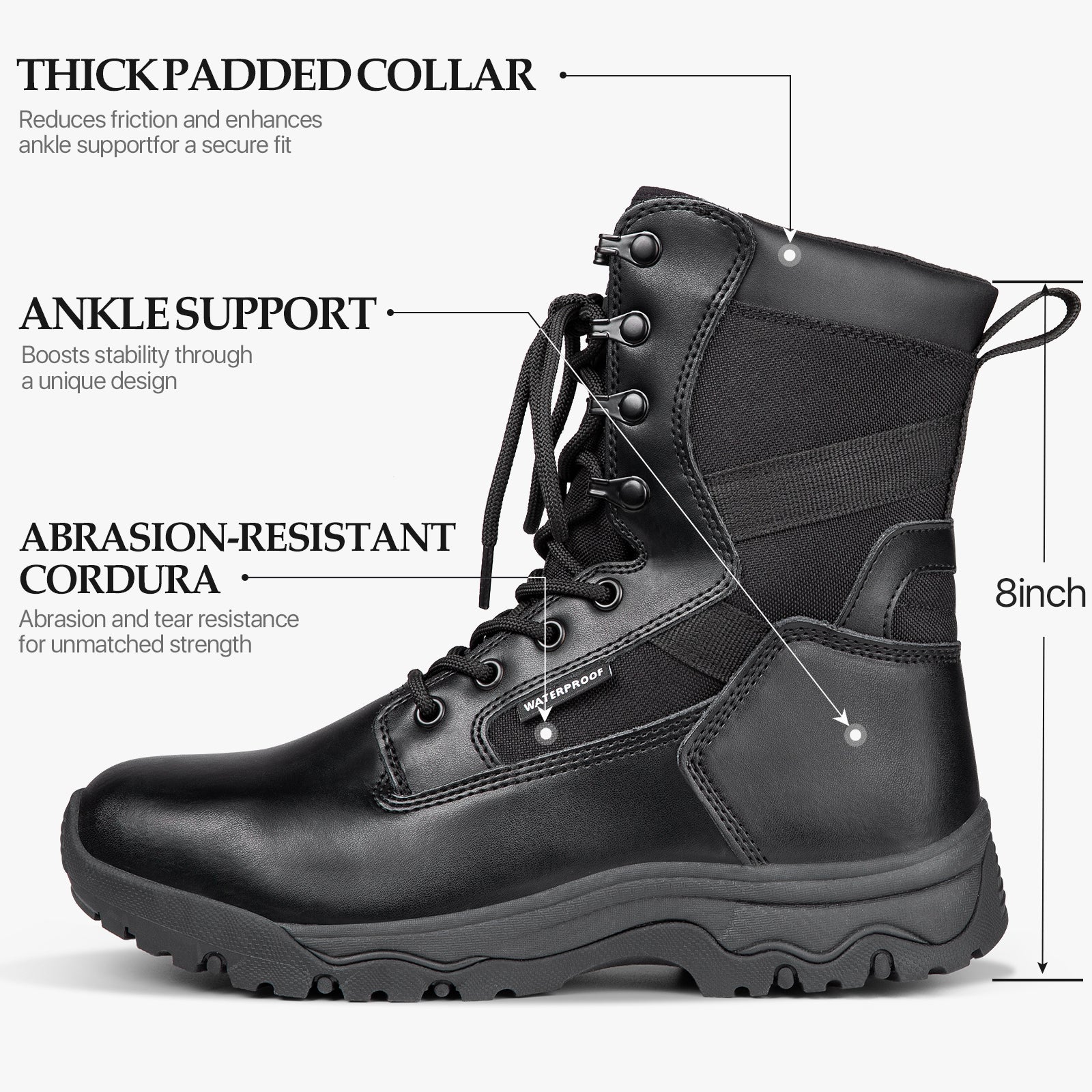 8”  Men’s Waterproof Tactical Boots Black Leather