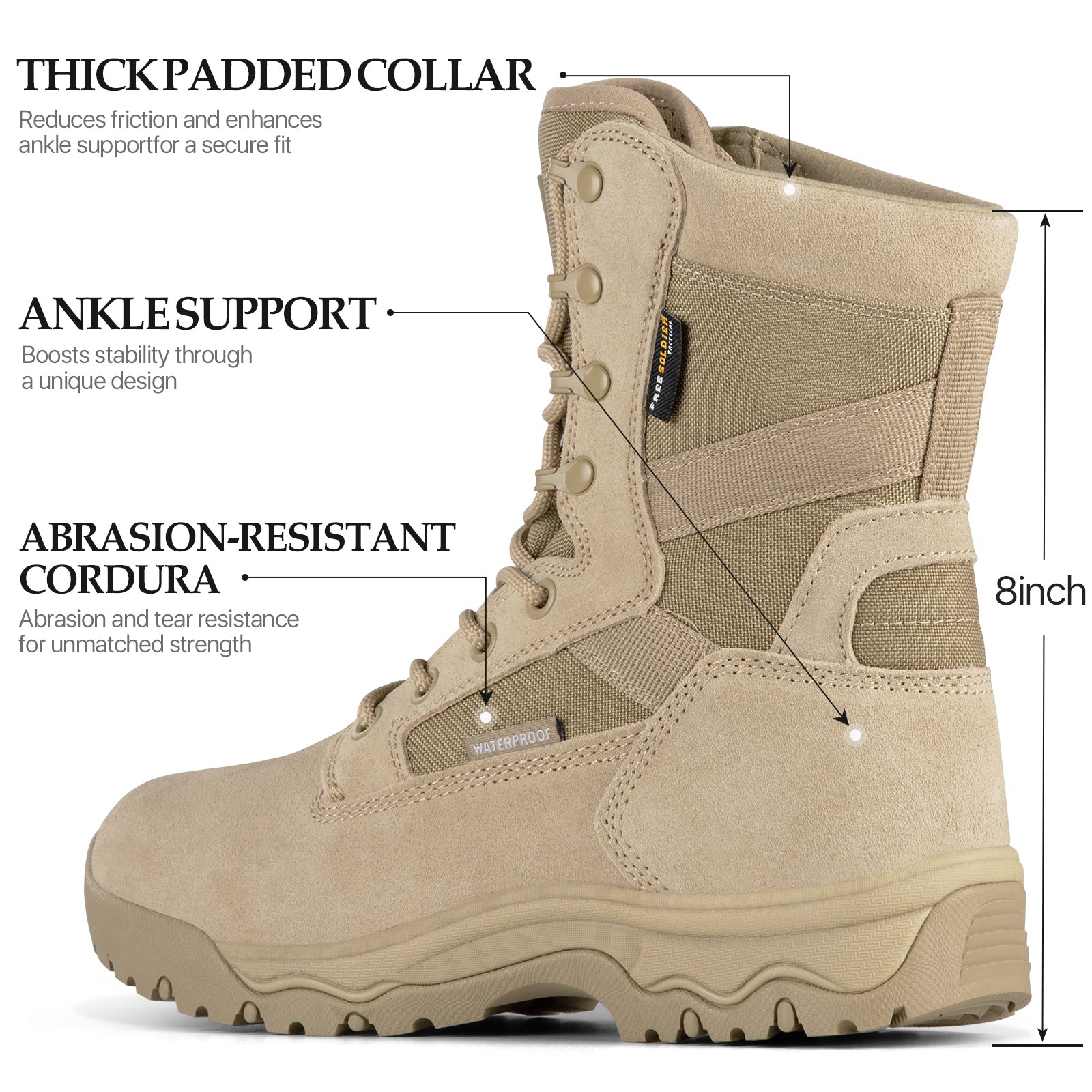 8-inch waterproof tactical boots with thick padded collar for ankle comfort, reinforced ankle support for stability, and abrasion-resistant Cordura fabric for durability – ideal for hiking, work, and outdoor activities