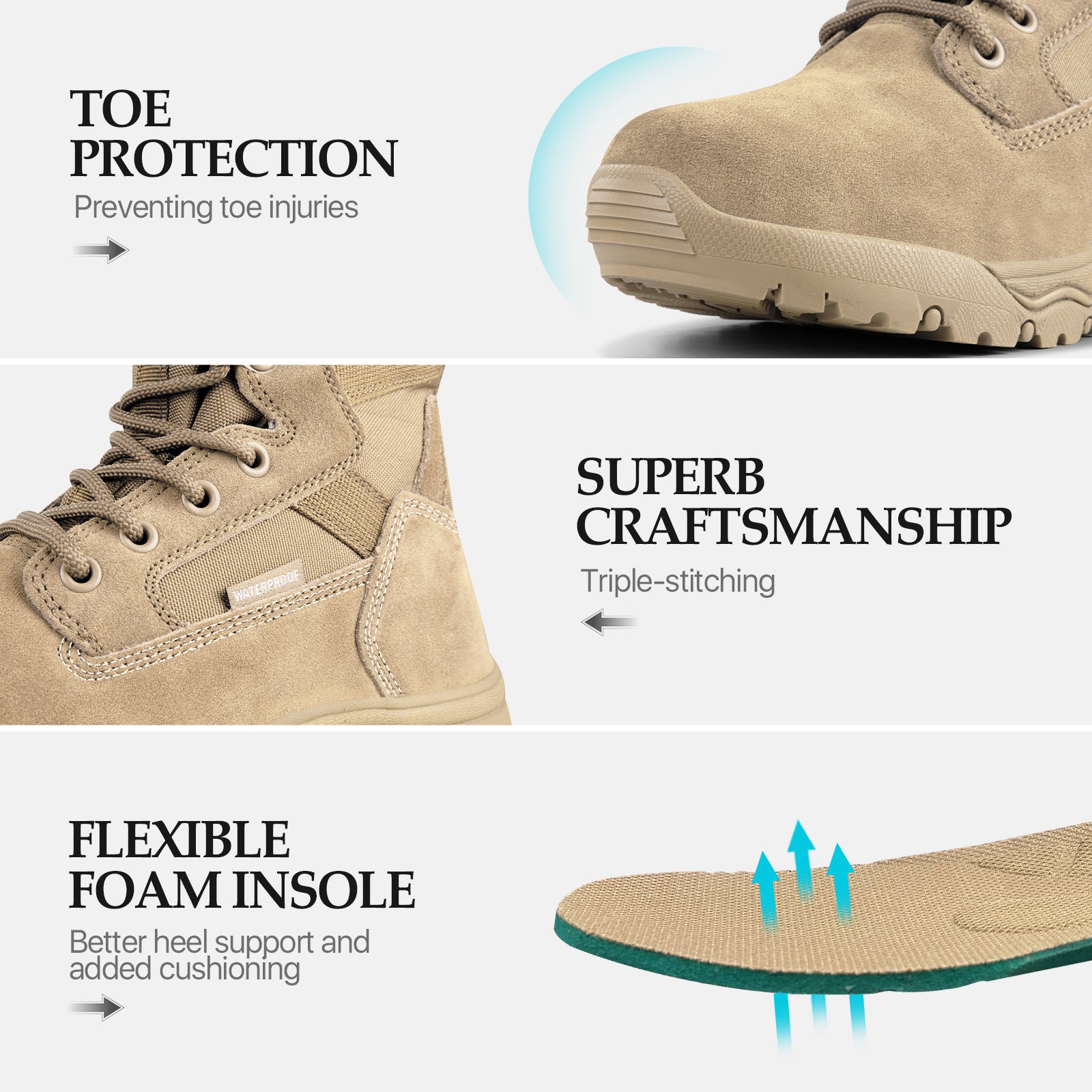 Close-up of reinforced toe cap and breathable insole of tactical boots, highlighting comfort, durability, and ventilation features suitable for outdoor and work environments