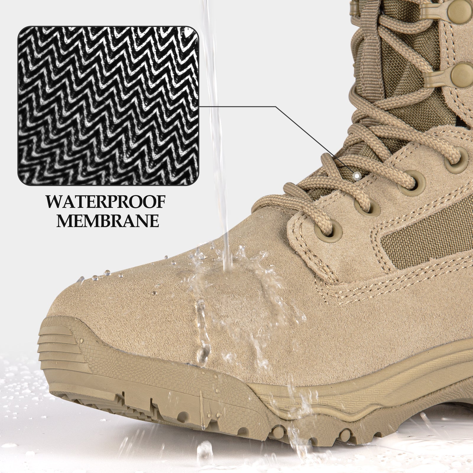 Water-resistant upper material of tactical hiking boots shown repelling water spray, demonstrating waterproof feature for outdoor use