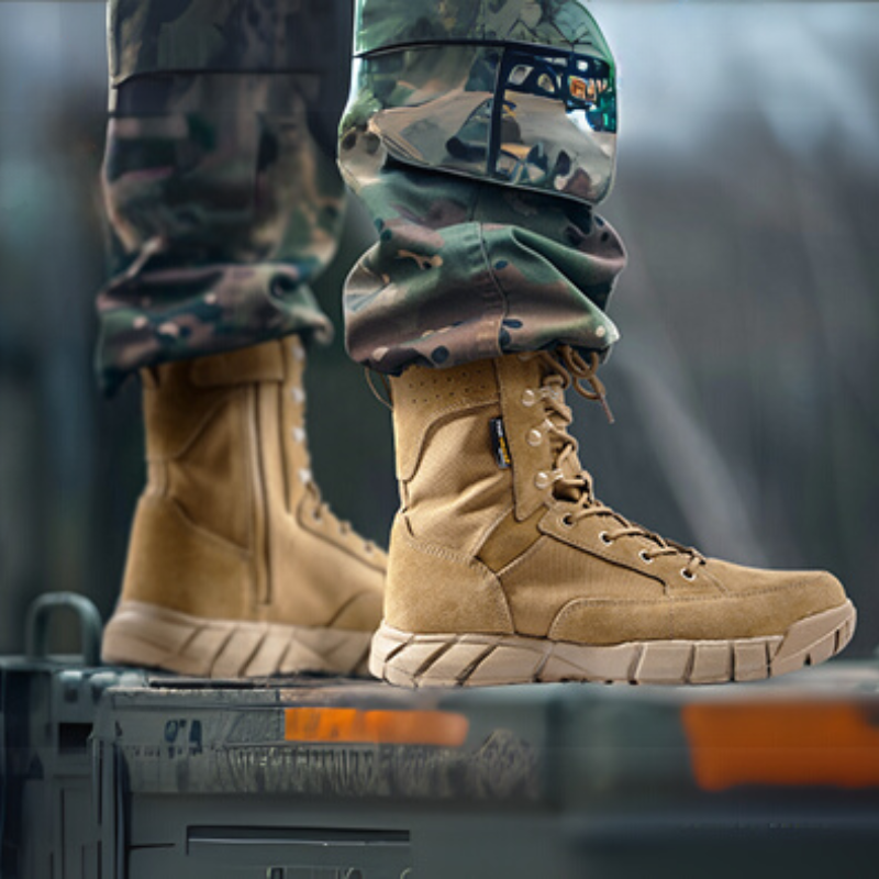 Lower body wearing camouflage pants and tan 8-inch zipper tactical boots, highlighting the boots' tactical features