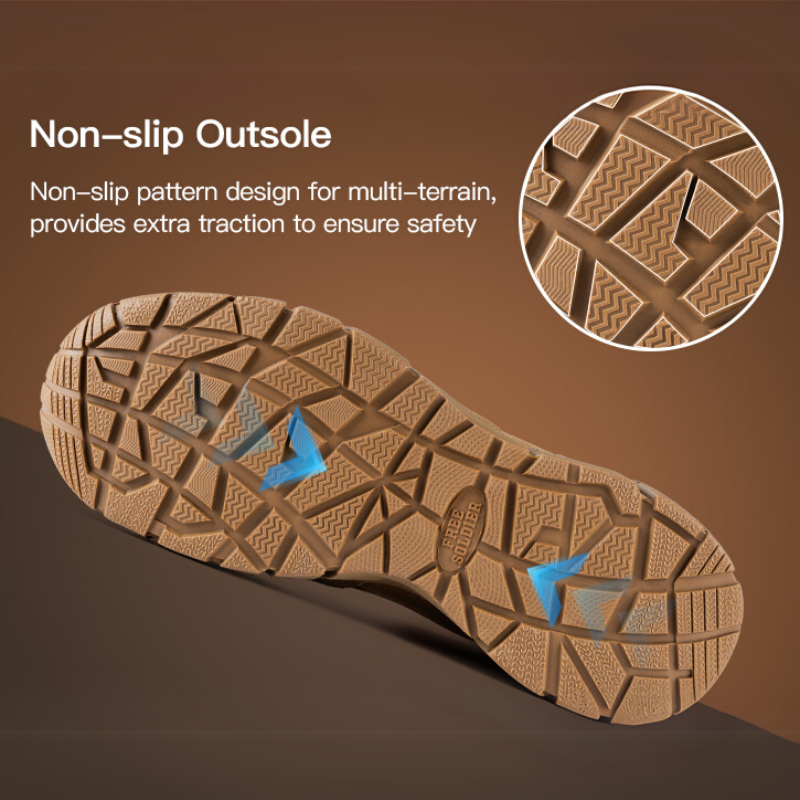 Close-up of men's tactical boots outsole and tread pattern highlighting superior slip-resistant features