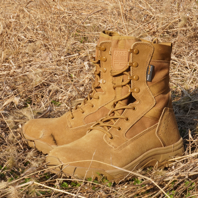 8-inch tactical boots displayed on grass, highlighting their suitability for outdoor activities