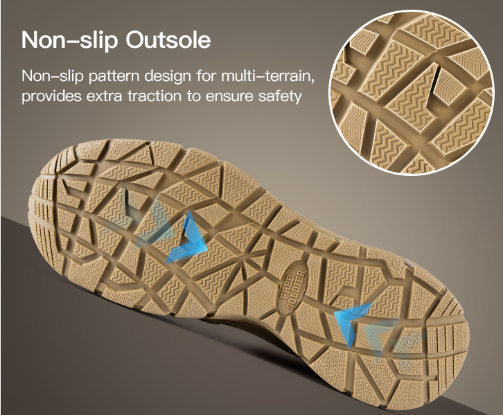 Close-up of men's tactical boots outsole and tread pattern highlighting superior slip-resistant features
