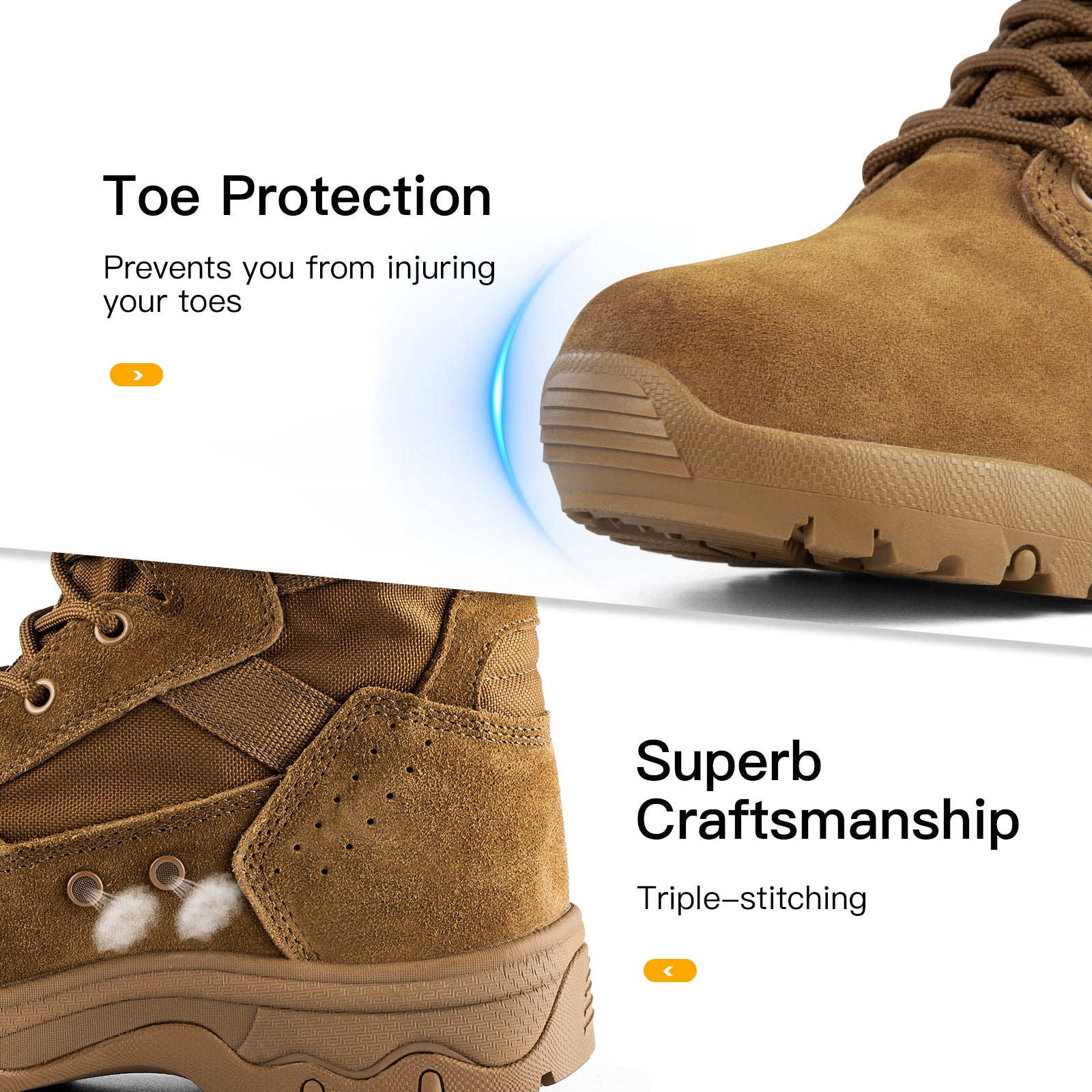 Water-resistant upper material of tactical hiking boots shown repelling water spray, demonstrating waterproof feature for outdoor use