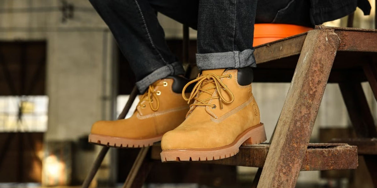 Worker wearing yellow work boots and denim while sitting on a metal frame in an industrial setting
